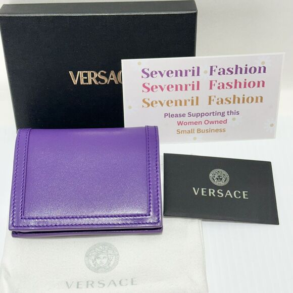 Versace Goddess Greca Logo Purple Leather Bi Fold Wallet NWT $625 - Picture 7 of 8